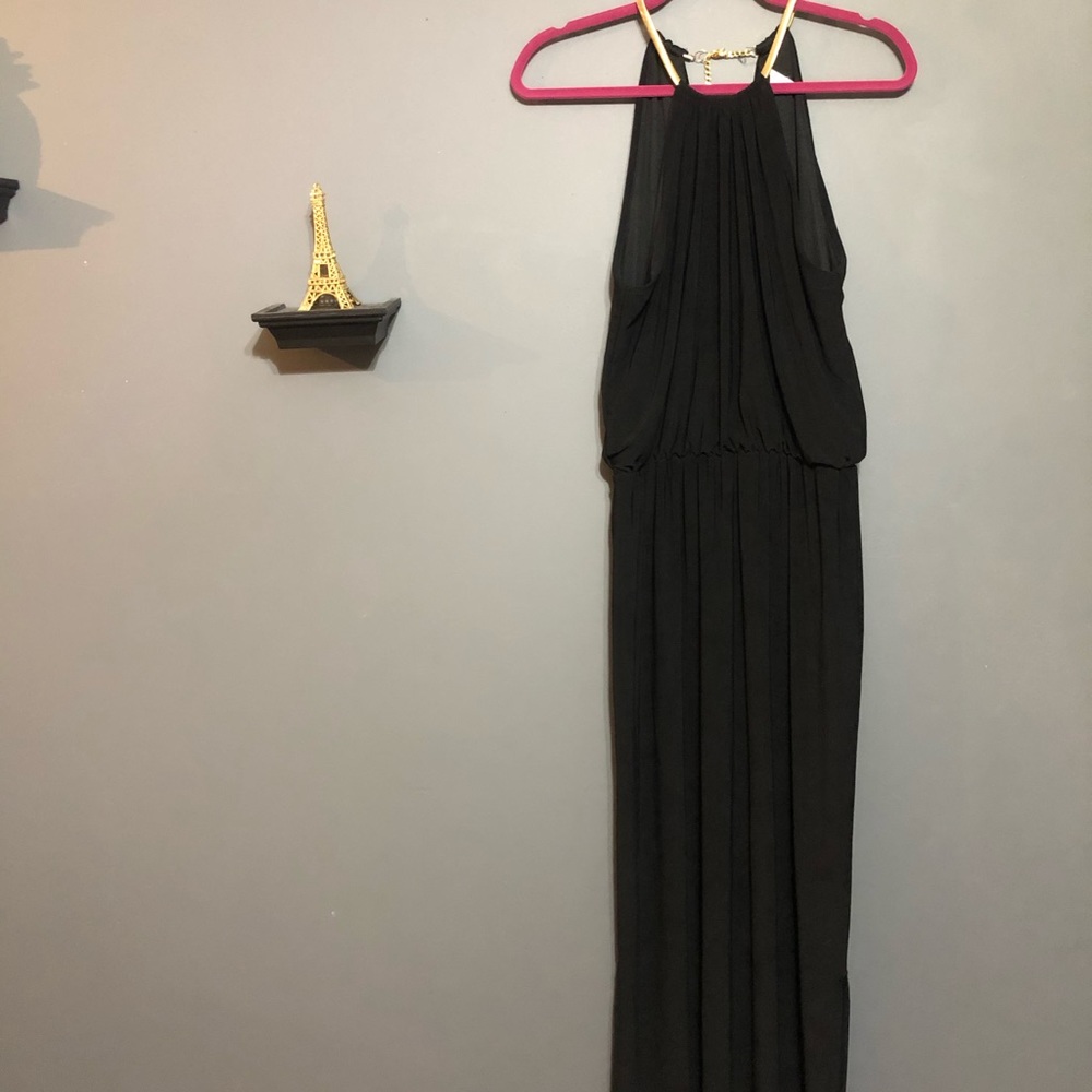 Black evening gown with gold chain halter